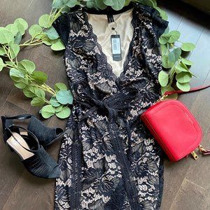 Black and Nude Lace Wrap Dress
